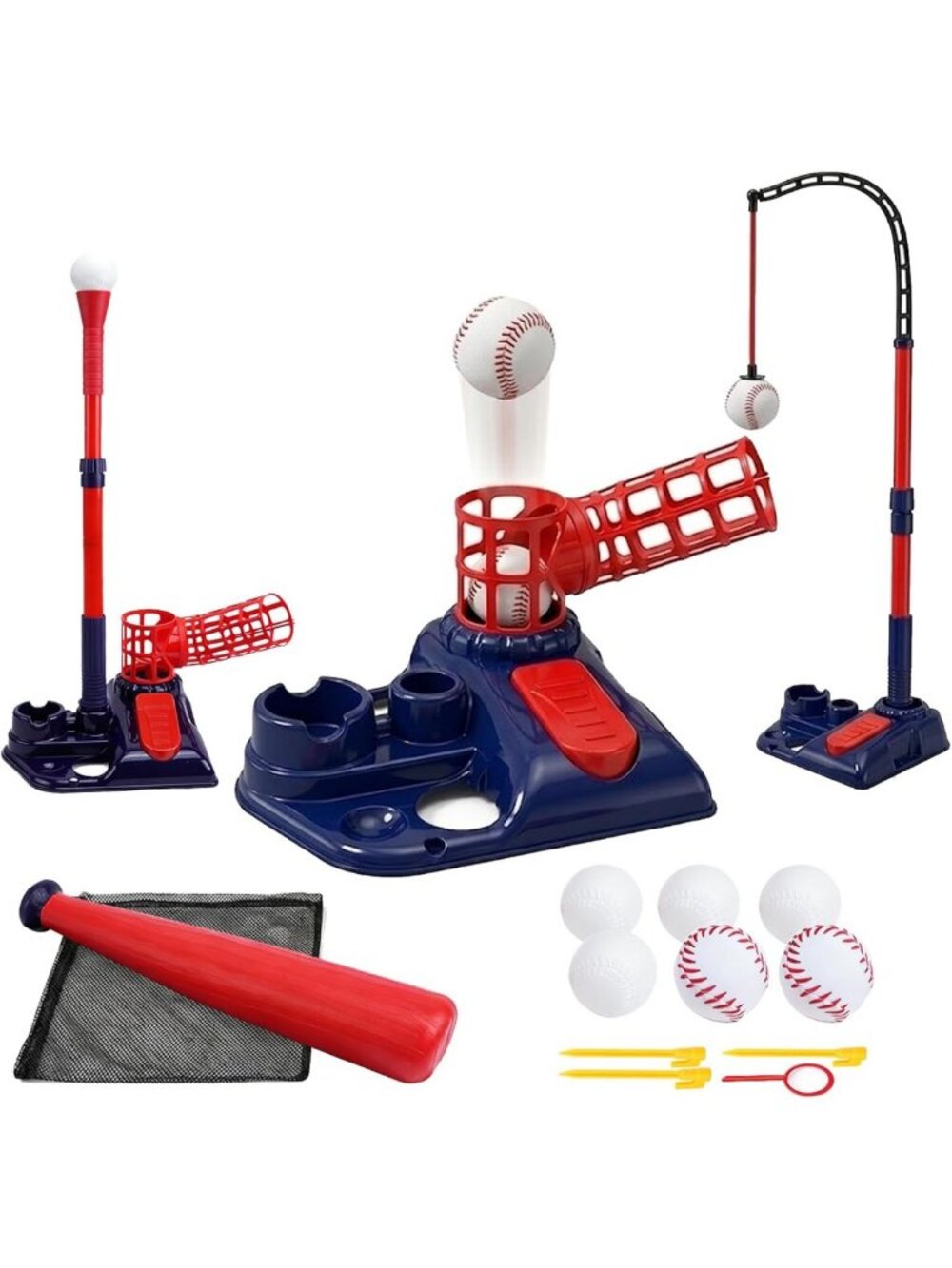 3-in-1 Kids Baseball Soft Toss Machine Set, Adjustable Tee & 6 Balls - Outdoor